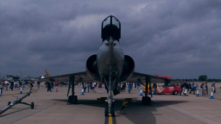 A French Air Force Mirage IV on static display, its scale and delta wing clear on the ground.
