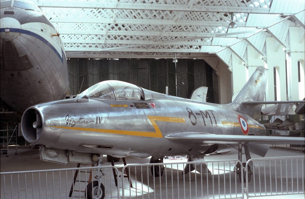 A preserved Mystre IV at Duxford  the two 30 mm DEFA cannon ports visible in the nose.