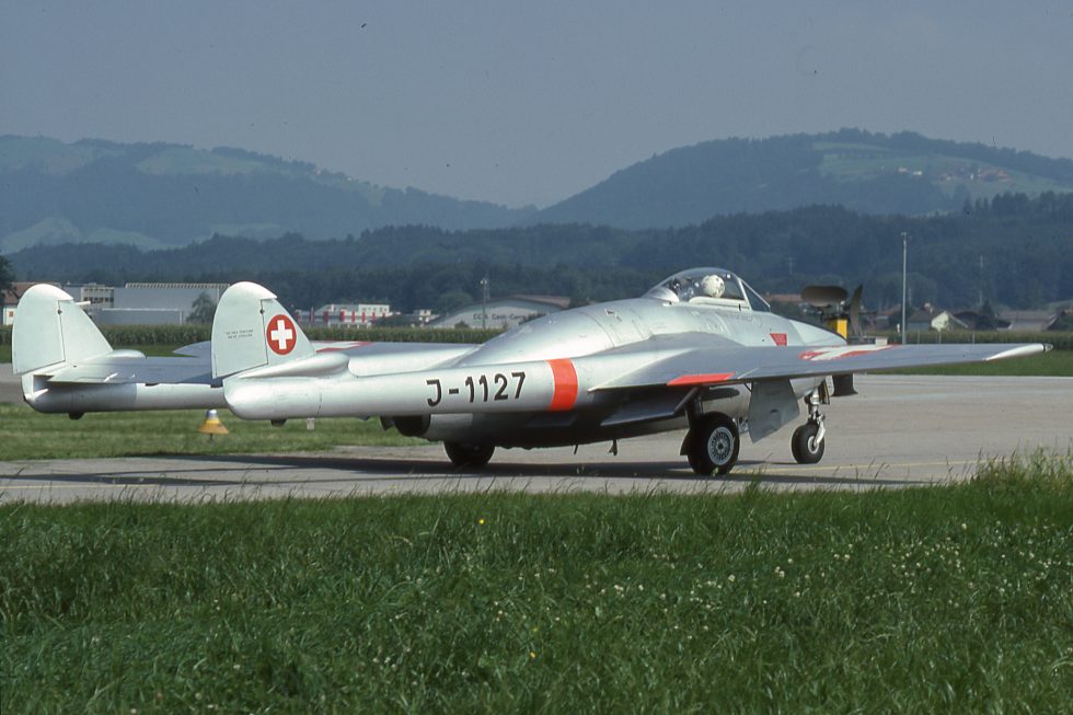 A Swiss Vampire FB.6 (J-1127) on the ground  most were built at Emmen.