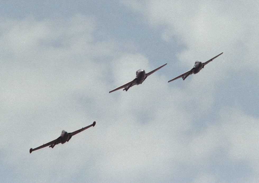 Swiss Air Force Vampires in a 1982 flypast  Switzerland flew the type until 1990.