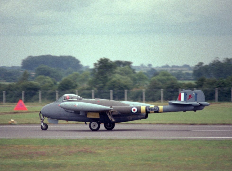 A de Havilland Venom in RAF markings landing at Fairford in 1987  one of the preserved airframes still flown at air shows.