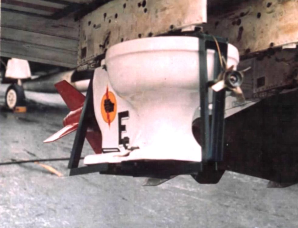 The famous toilet bomb on a VA-25 Skyraider aboard USS Midway, October 1965.