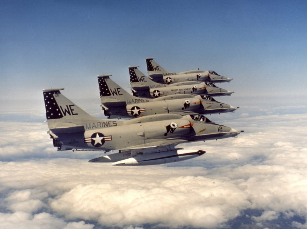 A-4M Skyhawks in flight  the light attack jet at half the Navys weight limit.
