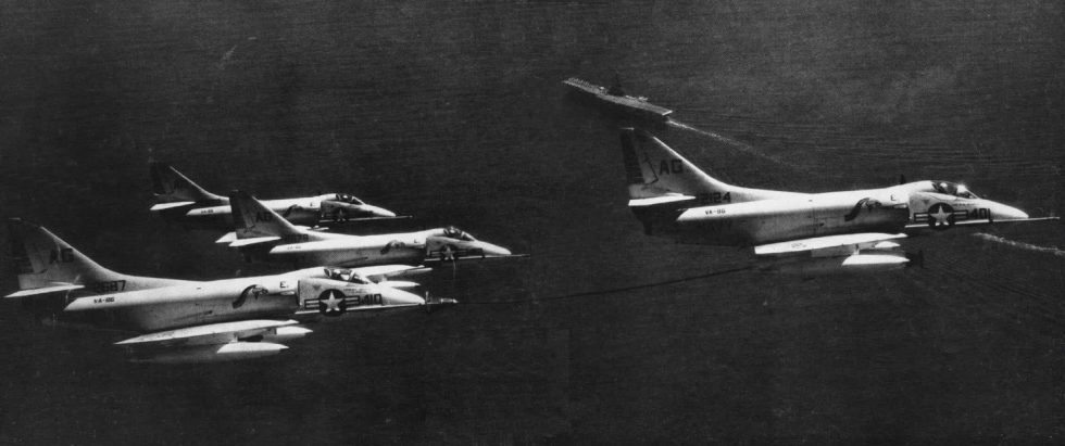A4D Skyhawks over USS Randolph in 1958  a carrier jet whose wings never folded.