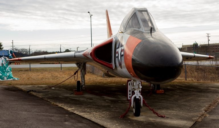 A preserved F-6A Skyray on museum display the aircrafts manta-ray shape up close.