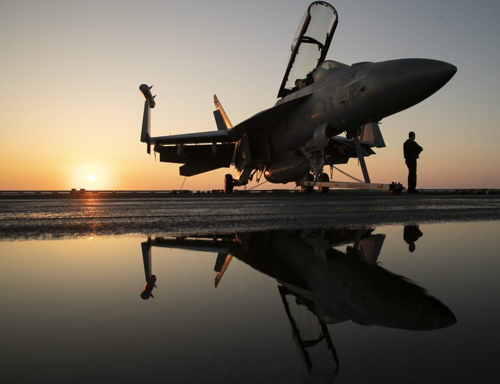 An EA-18G Growler at sunrise the Super Hornet-based electronic-attack aircraft.