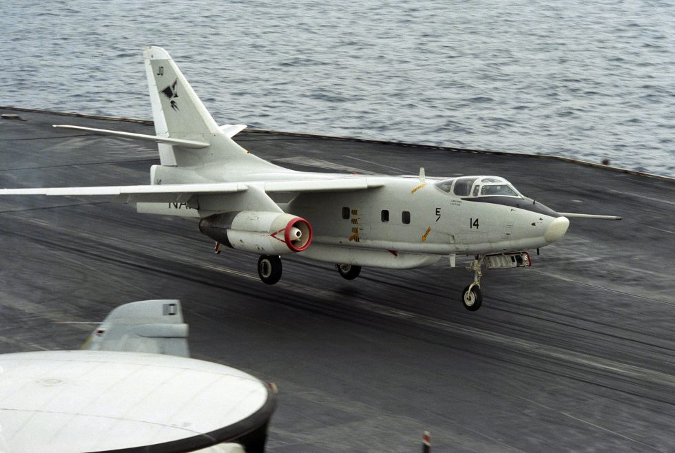 An EA-3B electronic-reconnaissance Whale of VQ-2 lifts off USS Saratoga, 1986  a spy plane with a crew of seven.