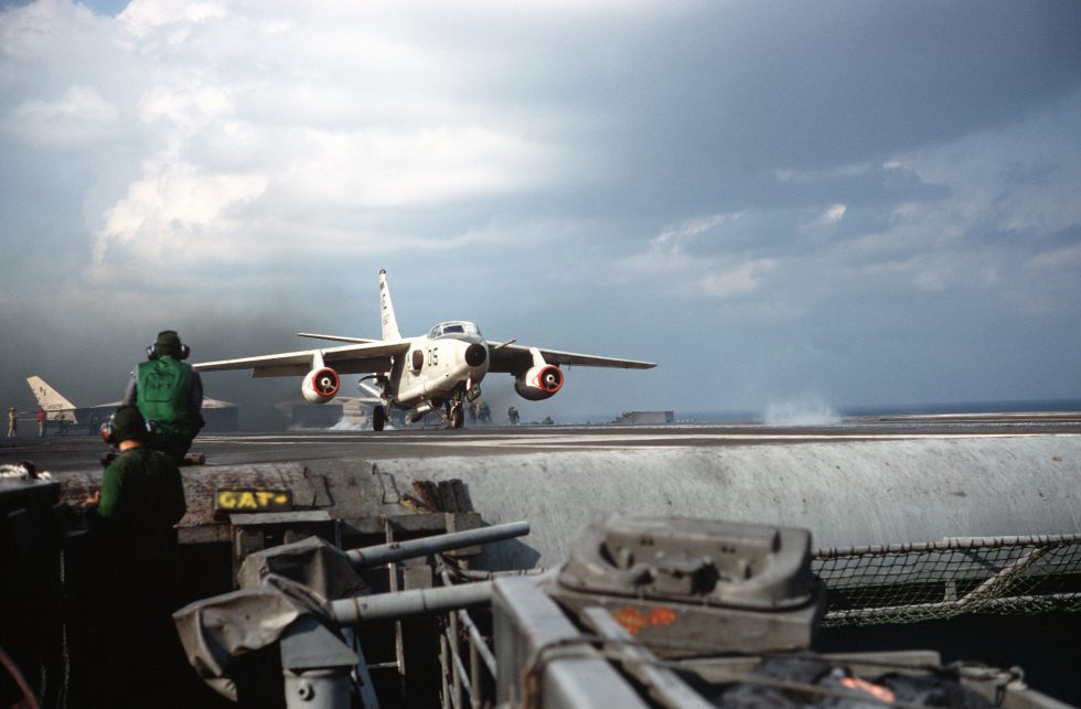 An EKA-3B tanker/ECM Skywarrior mid-catapult launch from USS America, 1968  the Whale leaving the deck.