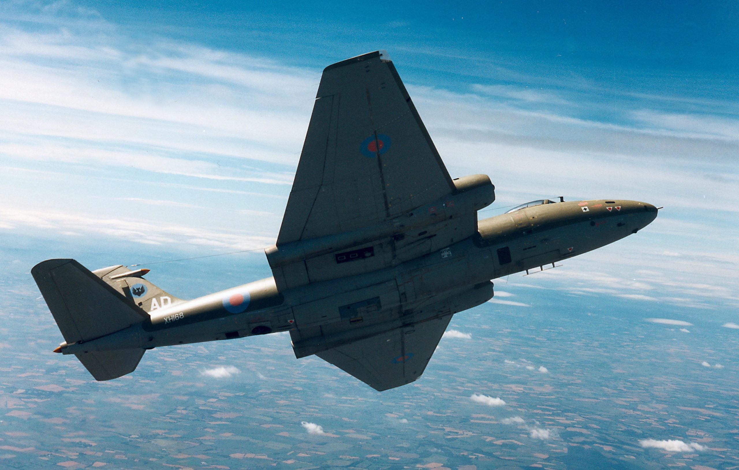 RAF English Electric Canberra jet bomber flying at high altitude