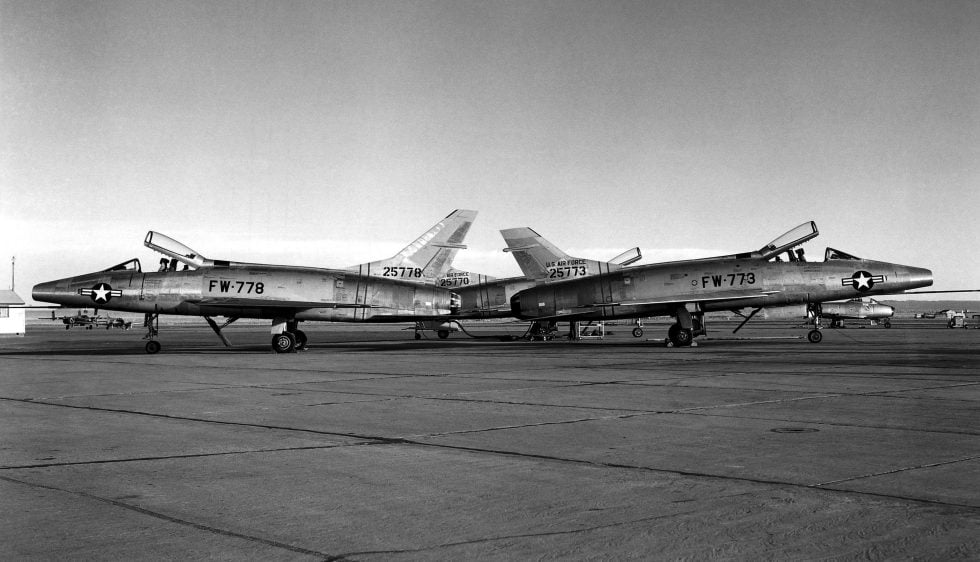 Three early F-100As at NACA in 1955  the lengthened vertical fin fix is visible on the left aircraft.
