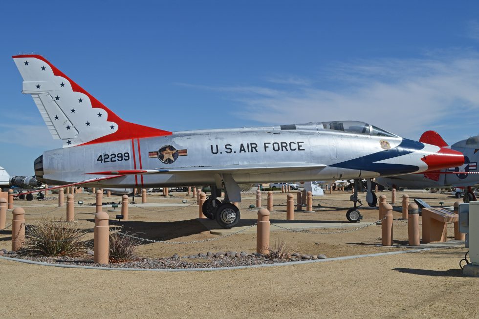 A preserved F-100D painted in USAF Thunderbirds display colours.