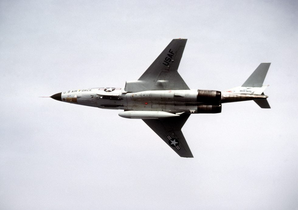 An F-101B seen from below in 1978, showing the twin-engine planform and swept wing of the Voodoo.