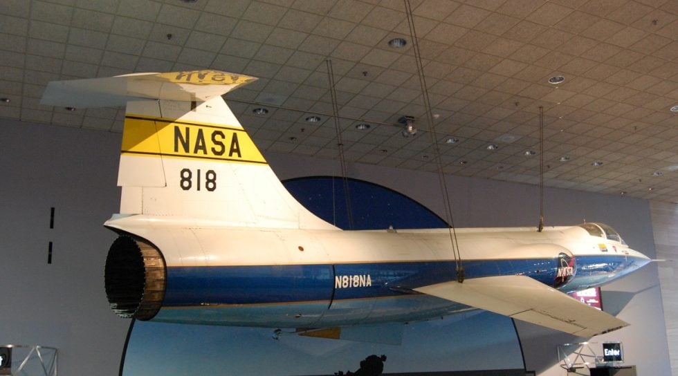 Rear view of an F-104 showing the high T-tail and the J79 engine exhaust.