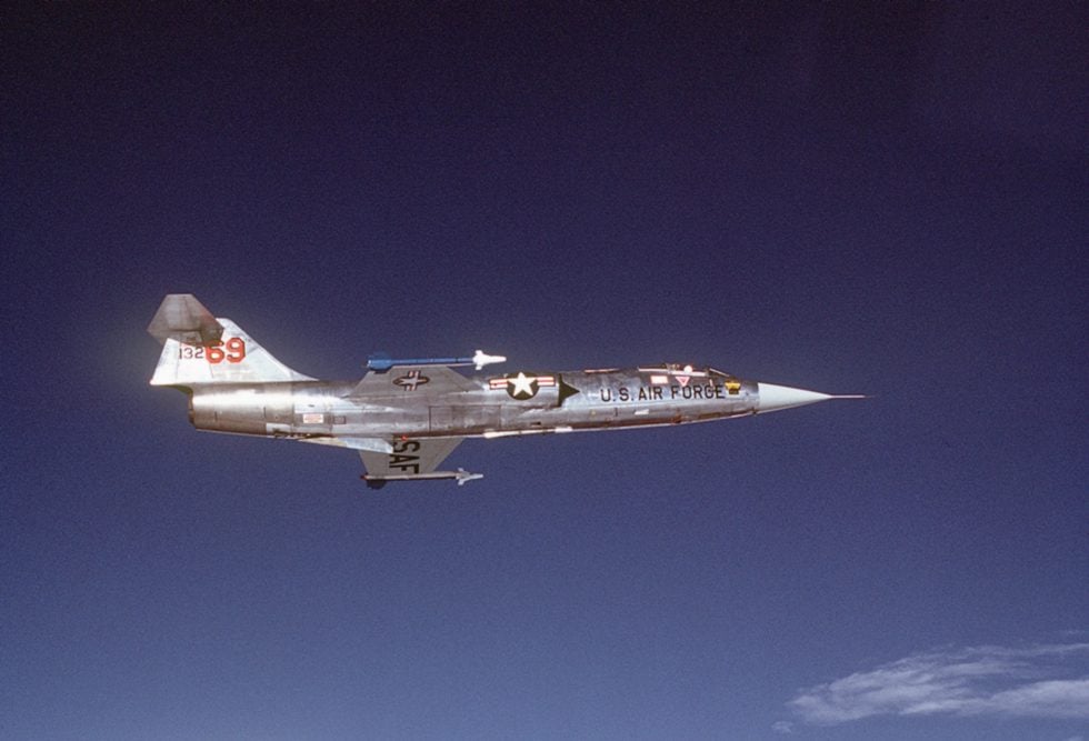 A Lockheed F-104G Starfighter in flight near Luke AFB  the tiny knife-edge wings on full display.