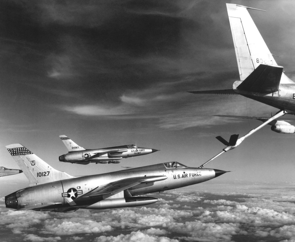 Thunderchiefs take on fuel from a tanker before pressing north  the Thuds legs were short.