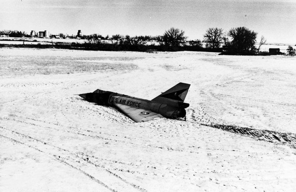 The 1970 Cornfield Bomber (58-0787), which landed itself pilotless in a snowy Montana field.