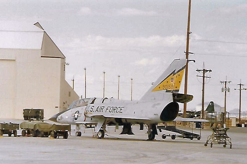 An F-106 of the 5th Fighter-Interceptor Squadron on the flight line.