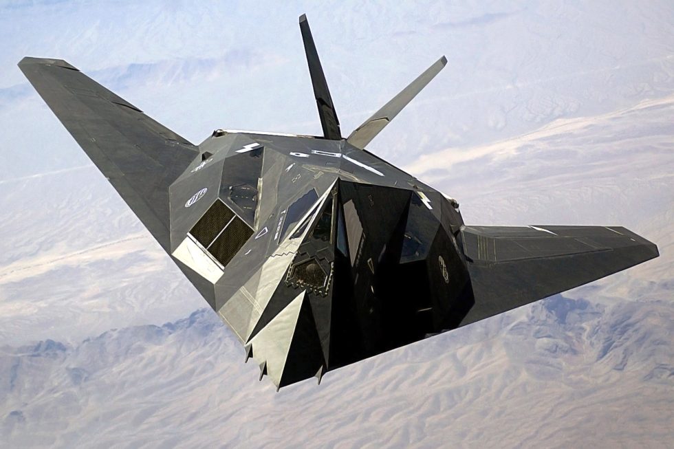 A Nighthawk head-on over Nevada  every flat facet angled to throw radar energy away from the sender.