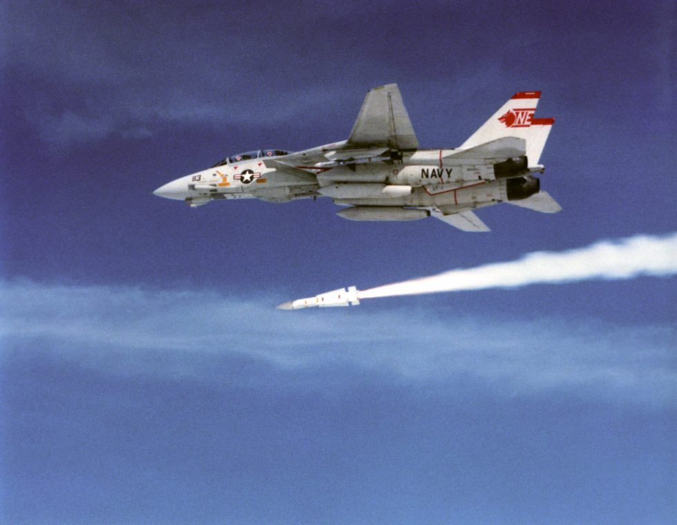 An F-14A of VF-1 launching an AIM-54 Phoenix  the Tomcats signature 100-mile missile.