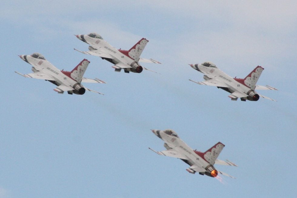 The USAF Thunderbirds fly the F-16 in tight formation.