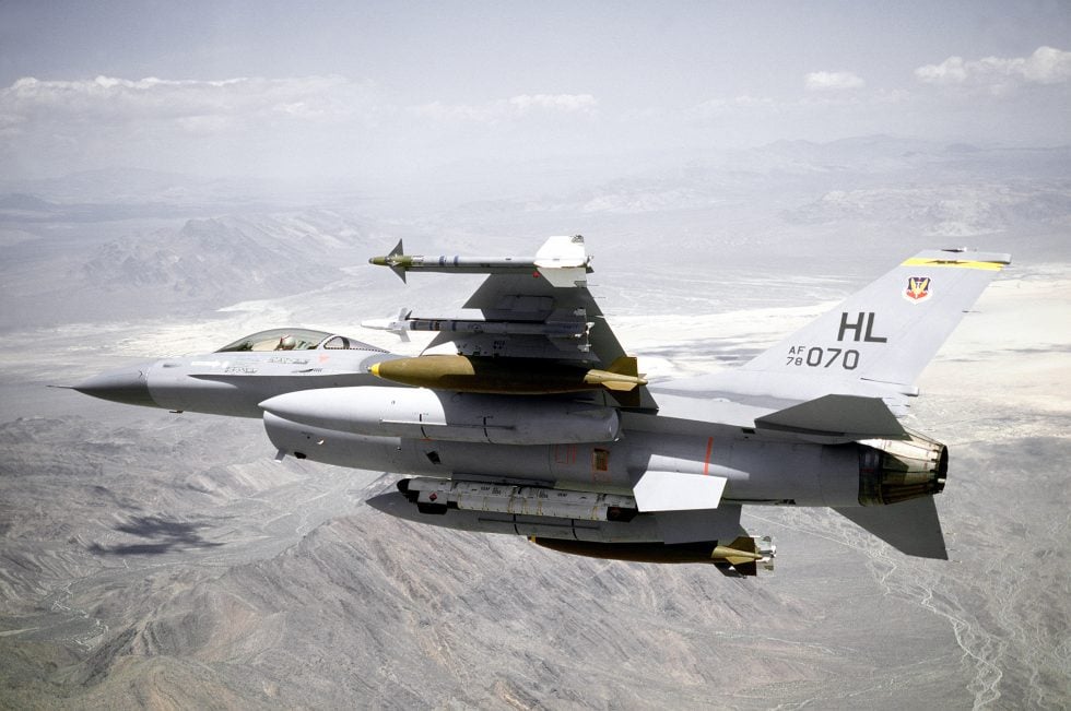 An early F-16A near Nellis AFB in 1980 the lightweight day-fighter before decades of upgrades.