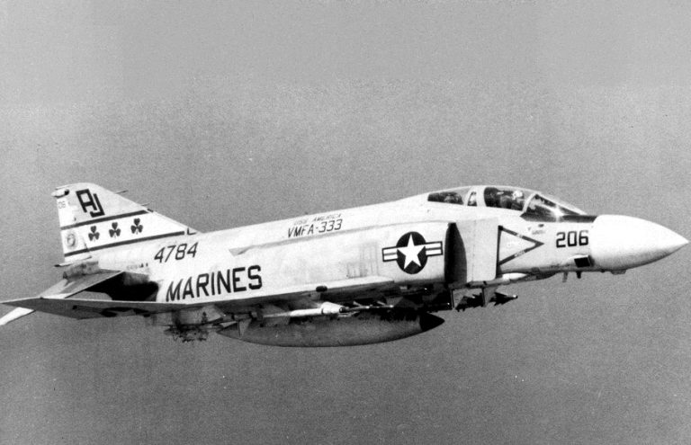 An F-4J of VMFA-333 in flight, 1972 a late Navy/Marine fighter variant.