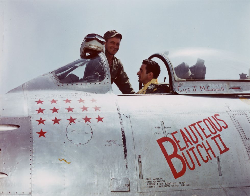 Triple jet ace Joseph McConnell in the cockpit of his F-86 Sabre in Korea.