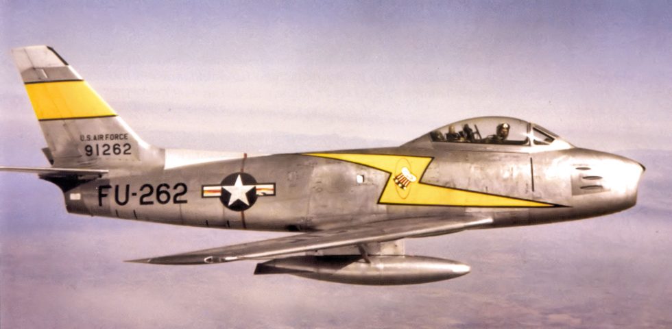An early North American F-86A in USAF squadron markings the definitive gun-armed day fighter.