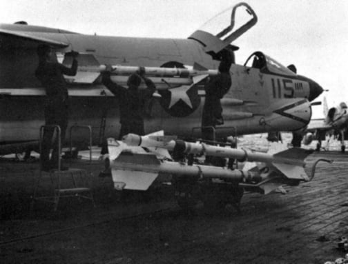 AIM-9 Sidewinders loaded on an F-8E aboard USS Ticonderoga  guns and missiles together.