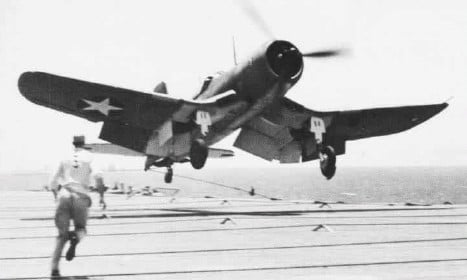 An F4U-1 bounces during a carrier landing aboard USS Bunker Hill, 1943  the trait that earned the Ensign Eliminator name.