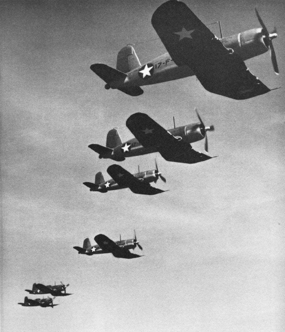 F4U-1 Corsairs of Navy squadron VF-17 in formation over the Pacific, 1943.