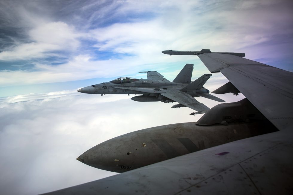 A US Navy F/A-18C Hornet in flight  the clean lines of the original legacy jet.