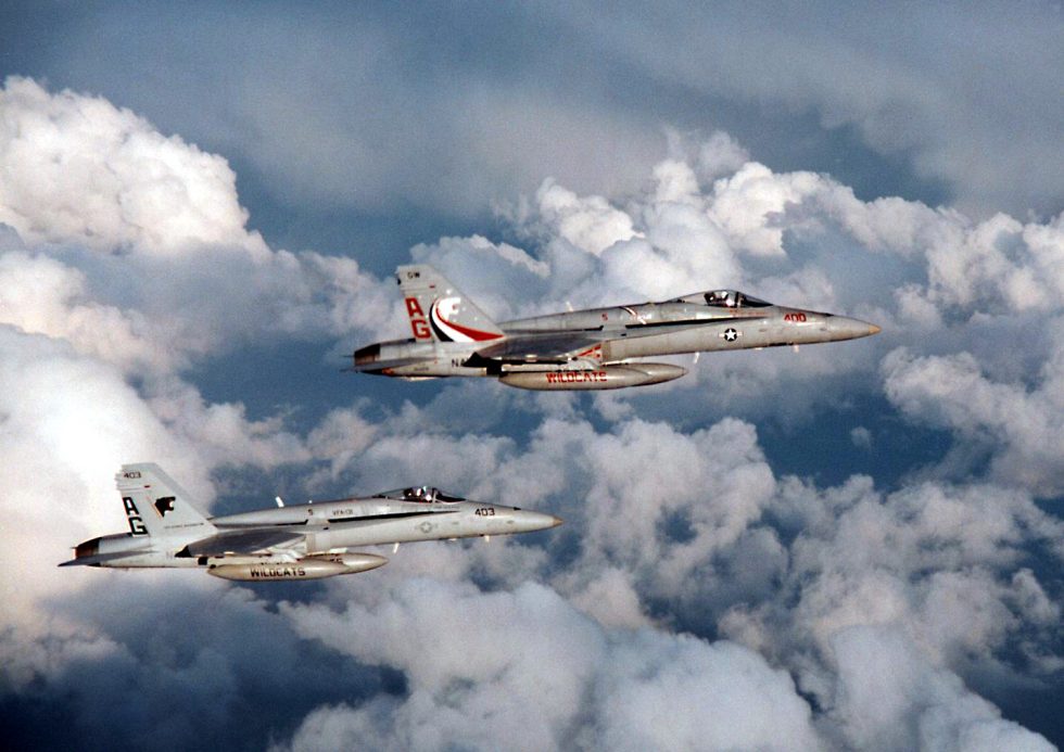 Two F/A-18C Hornets of the VFA-131 Wildcats on patrol  a US Navy strike-fighter pair.