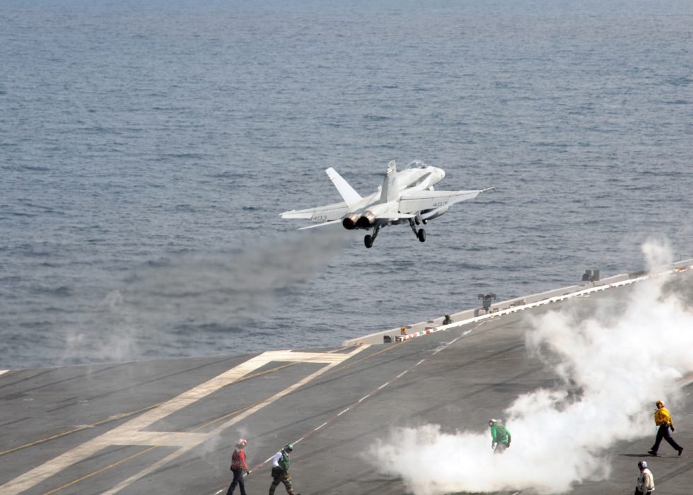 An F/A-18E of Strike Fighter Squadron VFA-131 catapulting off a Nimitz-class carrier.