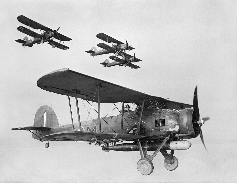 Fairey Swordfish Mk I torpedo bombers of the Fleet Air Arm in formation.