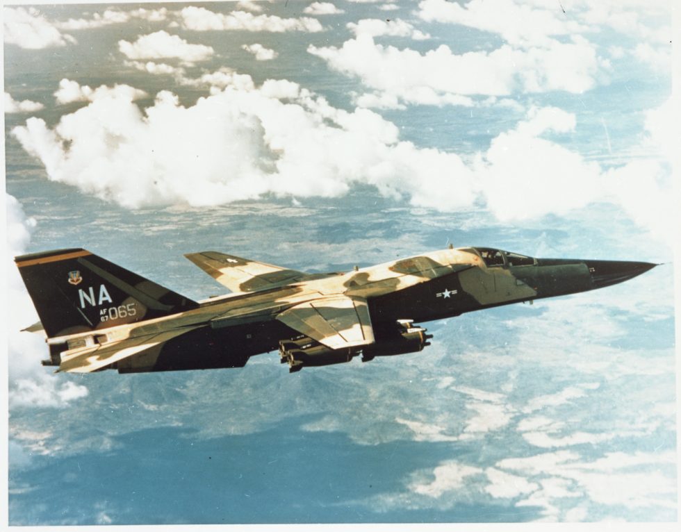 A General Dynamics F-111 in flight the first swing-wing production aircraft.