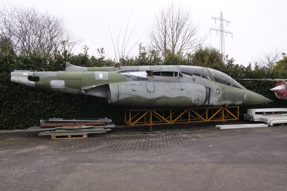 An ex-German Alpha Jet A in the low-level close-support scheme it wore against the Warsaw Pact.