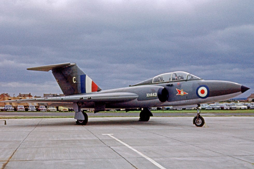 A two-seat Javelin T.3 trainer  dual controls, no radar, a bulged canopy.