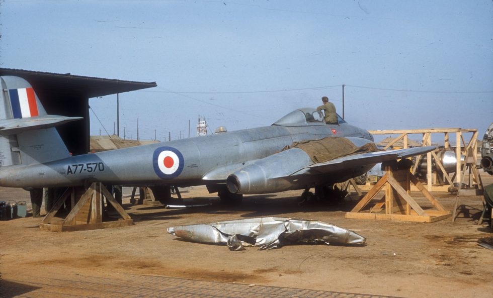 An RAAF No. 77 Squadron Meteor F.8 in Korea  outclassed by the MiG-15, it became a ground-attack workhorse.
