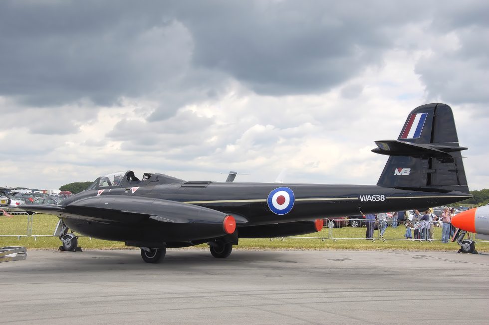 A Martin-Baker Meteor in flight  among the oldest jets still flying, and still used to test ejection seats.