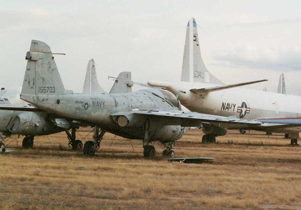 A preserved A-6E Intruder in US Navy markings  the stubby bomb truck up close.