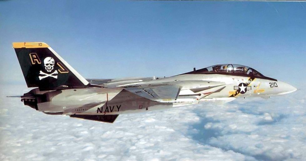 A Grumman F-14A of VF-84 Jolly Rogers in flight, 1978.