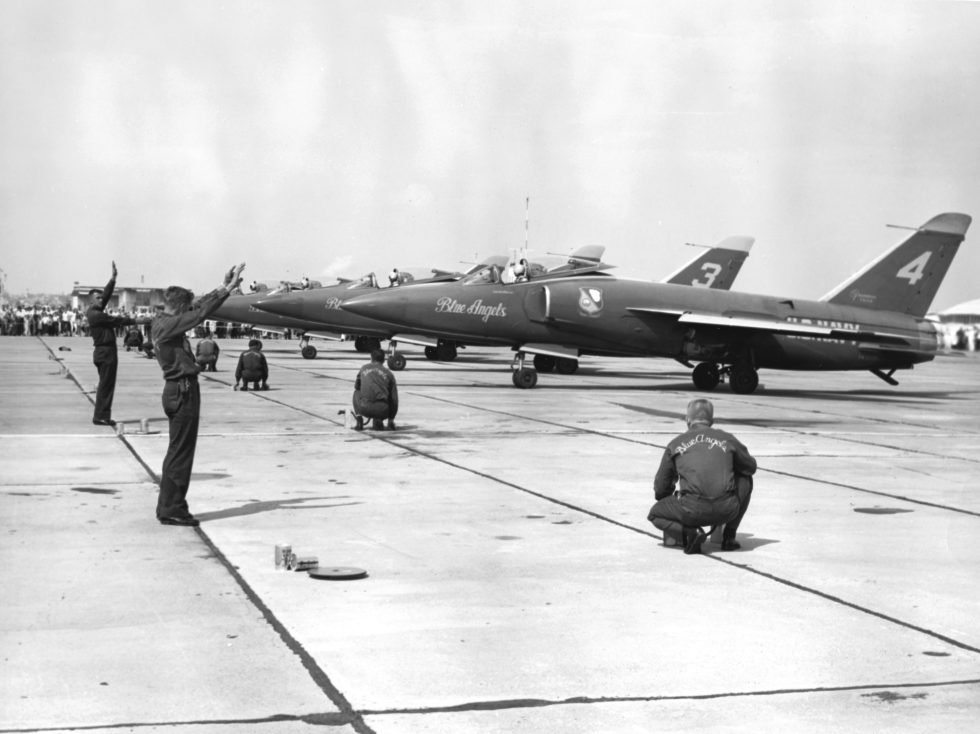 The Blue Angels in their F11F-1 Tigers at NAS North Island, c.1961  the aircrafts true claim to fame.