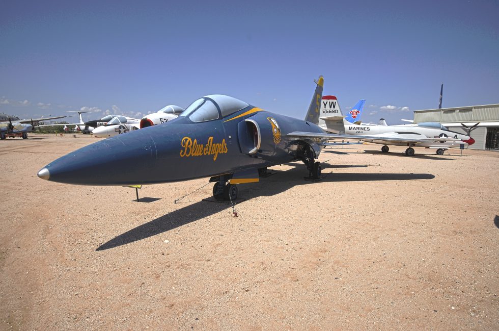 A former Blue Angels F-11 Tiger preserved at the Pima Air  Space Museum, in team colours.