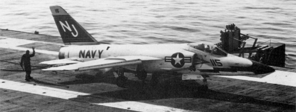 An F11F-1 Tiger of VF-121 recovering aboard a carrier  a compact fighter built for the deck.