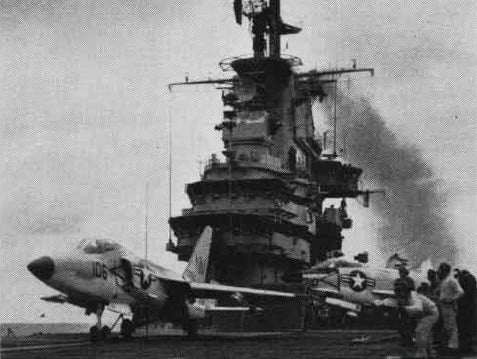 A VF-191 Tiger launches from USS Bon Homme Richard (CVA-31), 1959  catapult stroke at full power.