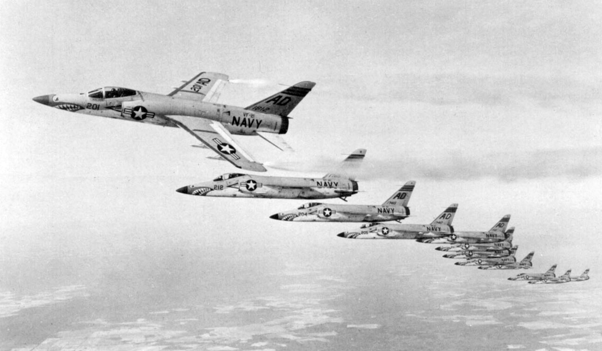 Grumman F11F-1 Tiger supersonic carrier fighters of VF-21 in formation flight