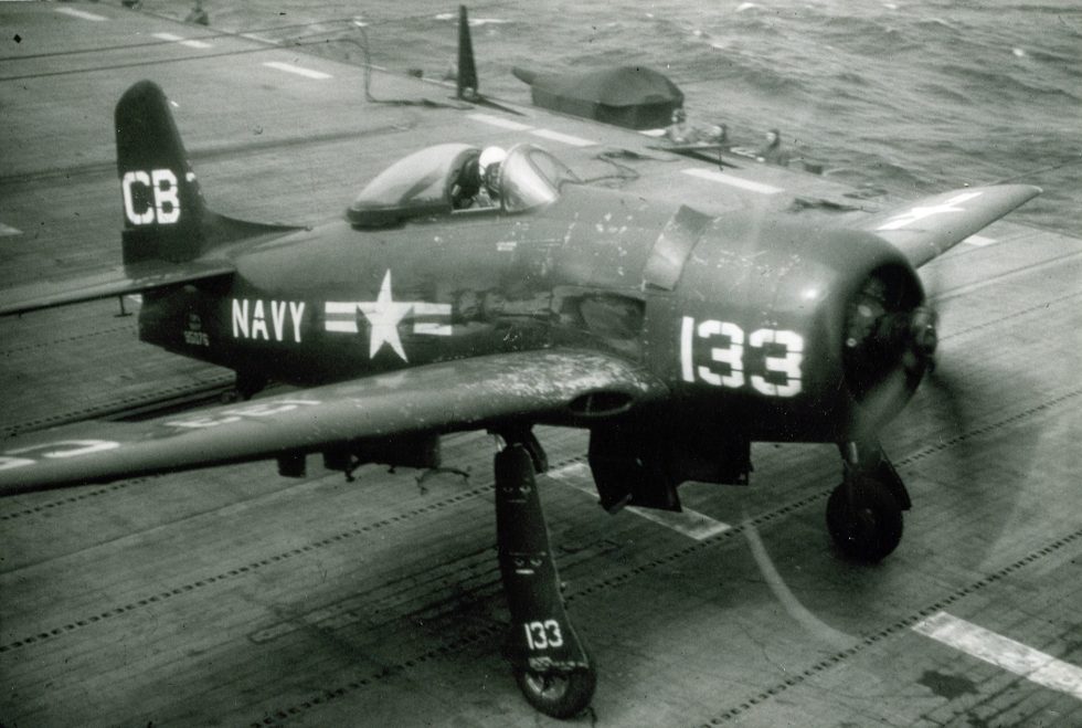 An F8F-1 Bearcat on the flight deck of USS Monterey during carrier qualifications, 1951.