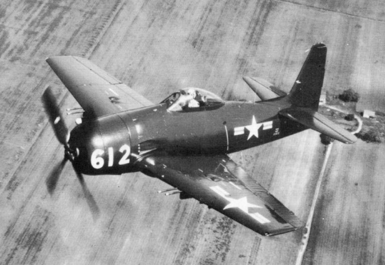 A Grumman F8F-2 Bearcat in flight, c.1947  the clean lines of the lightest Navy piston fighter.