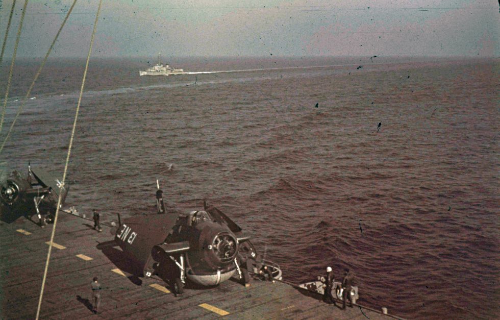 A radar-equipped TBM-3W AEW Avenger of VC-12 aboard the escort carrier USS Siboney.